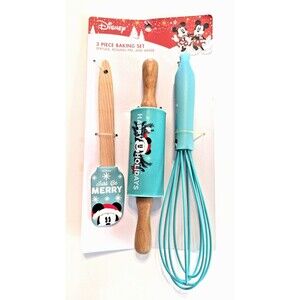 Mickey Mouse Just Be Merry 3-pc Utensil Set Blue Spatula Rolling Pin Whisk NEW